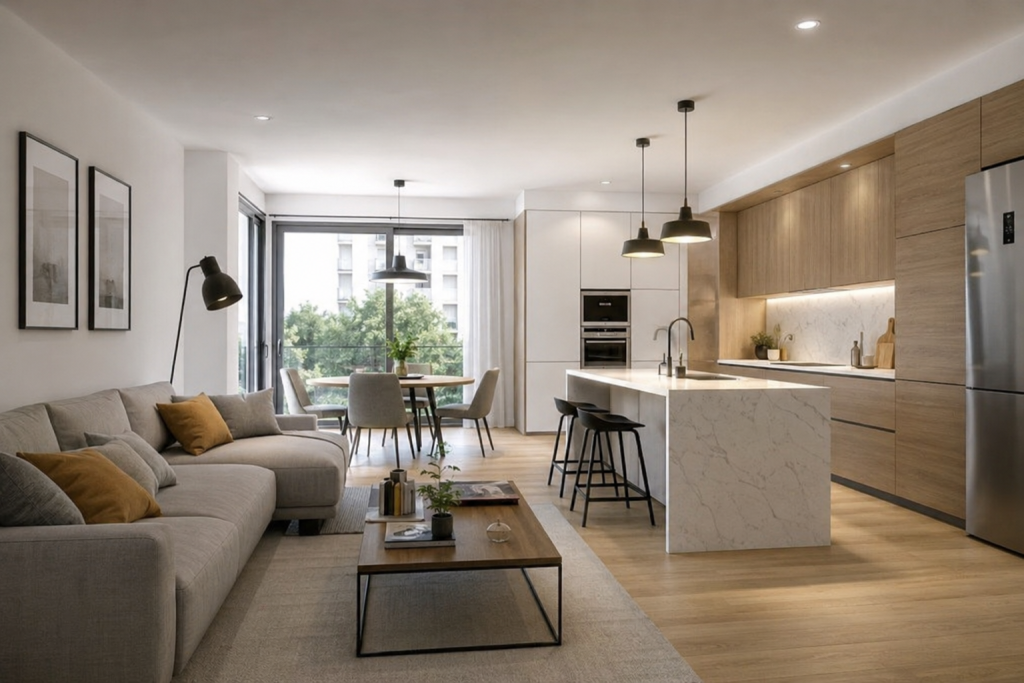 Reforma integral de vivienda en Madrid con cocina abierta y salón renovado